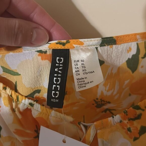 H&M orange yellow floral PUFF-SLEEVED DRESS XL NWT - Picture 3 of 5